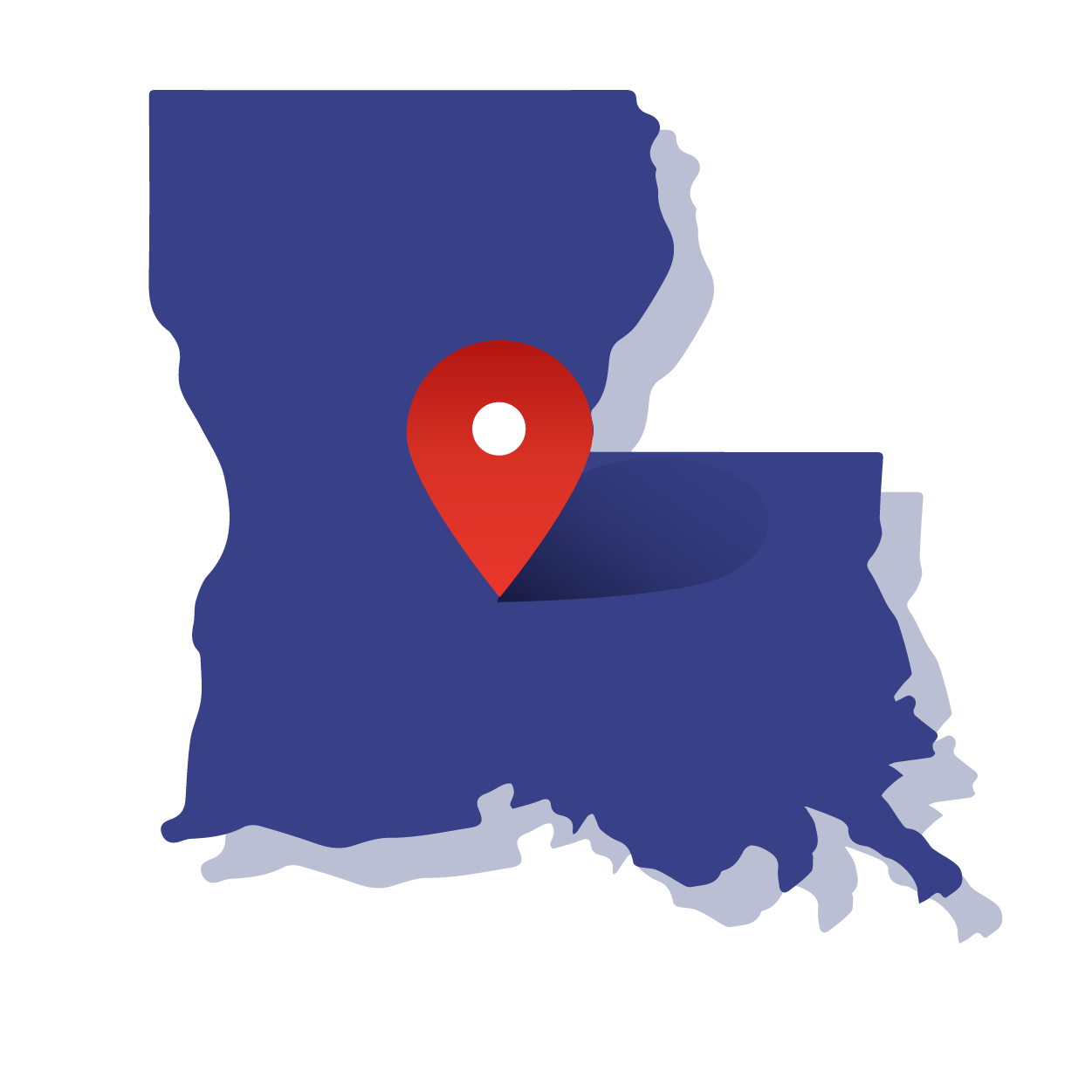 Map of Louisiana with its shape outlined, featuring a central map point and a circle representing a radius around that point for demographic analysis of zip codes.
