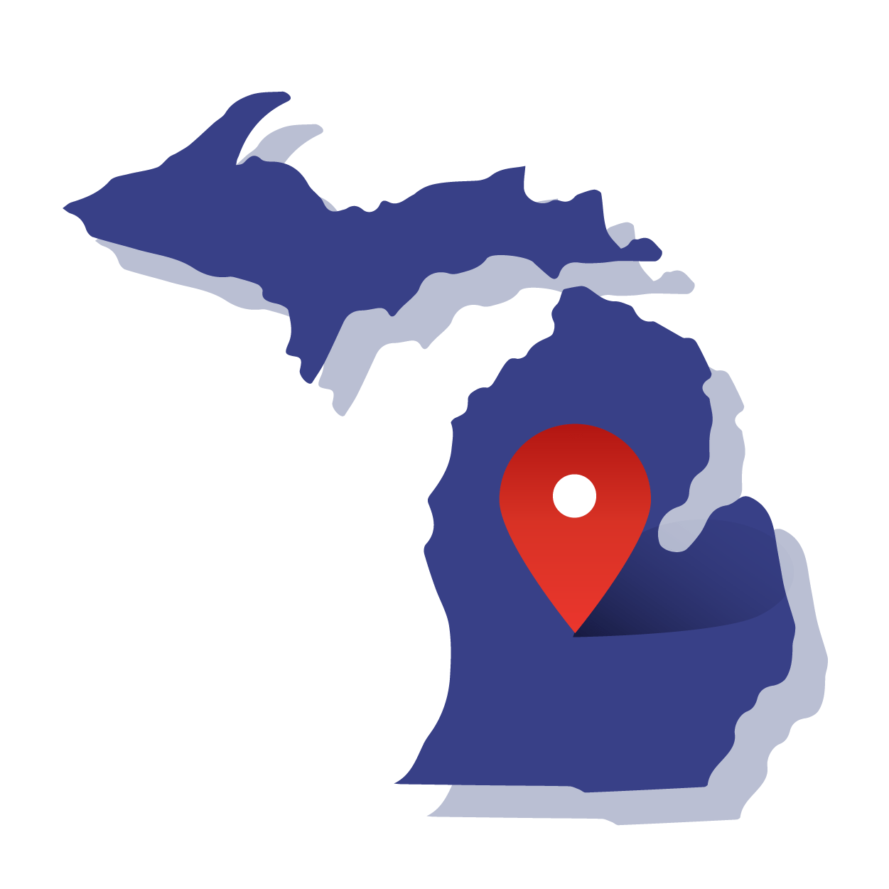 Map of Michigan with its shape outlined, featuring a central map point and a circle representing a radius around that point for demographic analysis of zip codes.