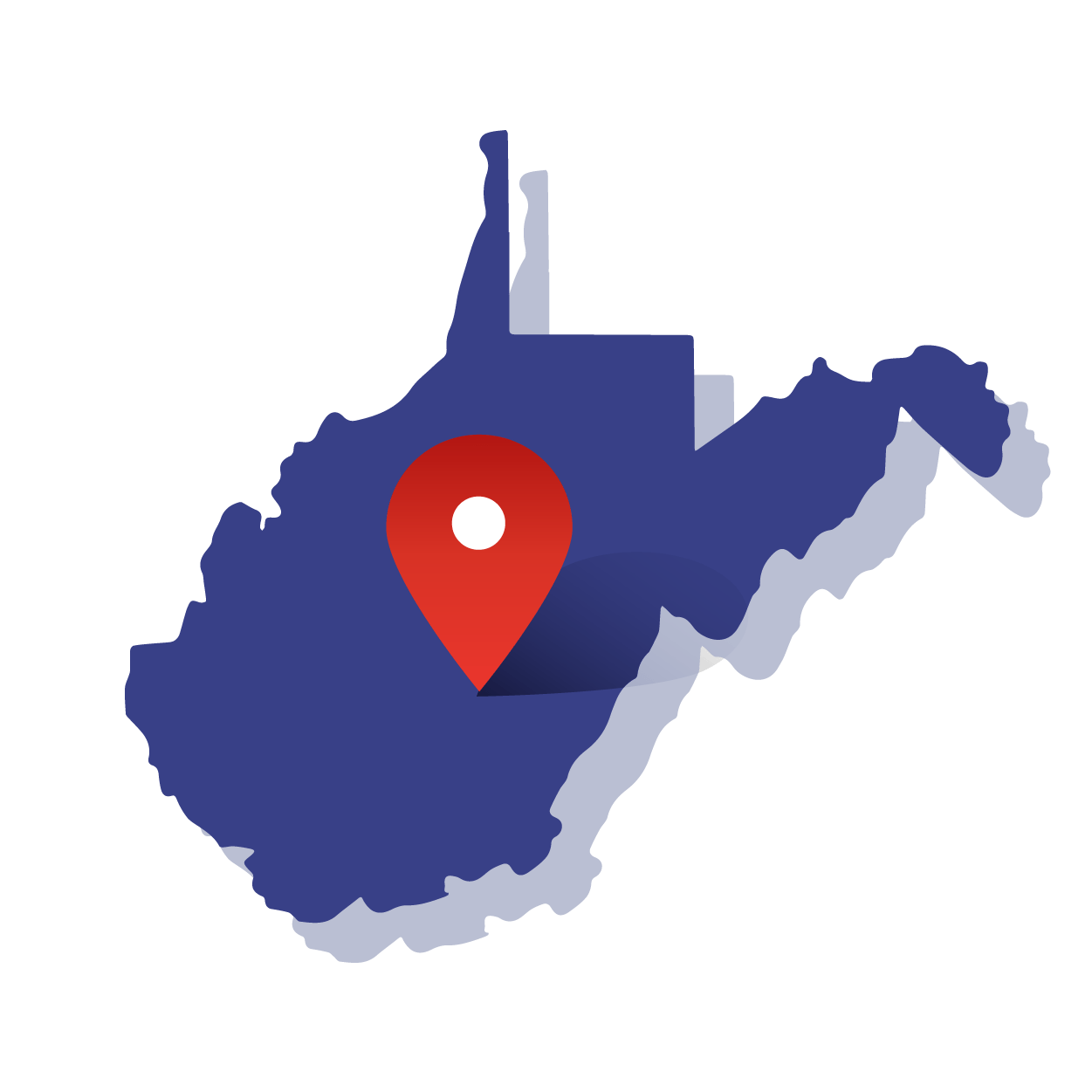 Map of West Virginia with its shape outlined, featuring a central map point and a circle representing a radius around that point for demographic analysis of zip codes.